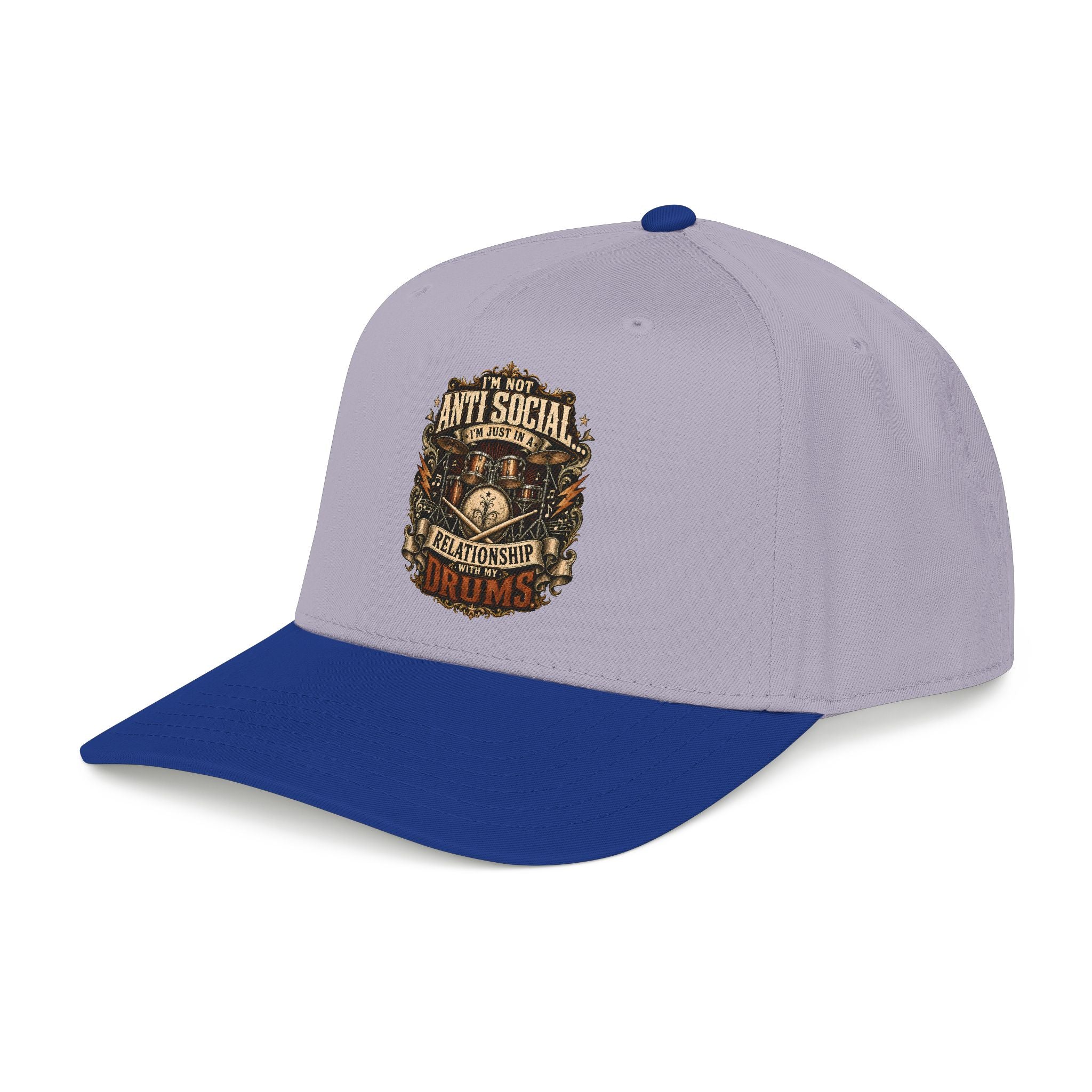 Gray cap with blue brim and embroidered patch on a white background
