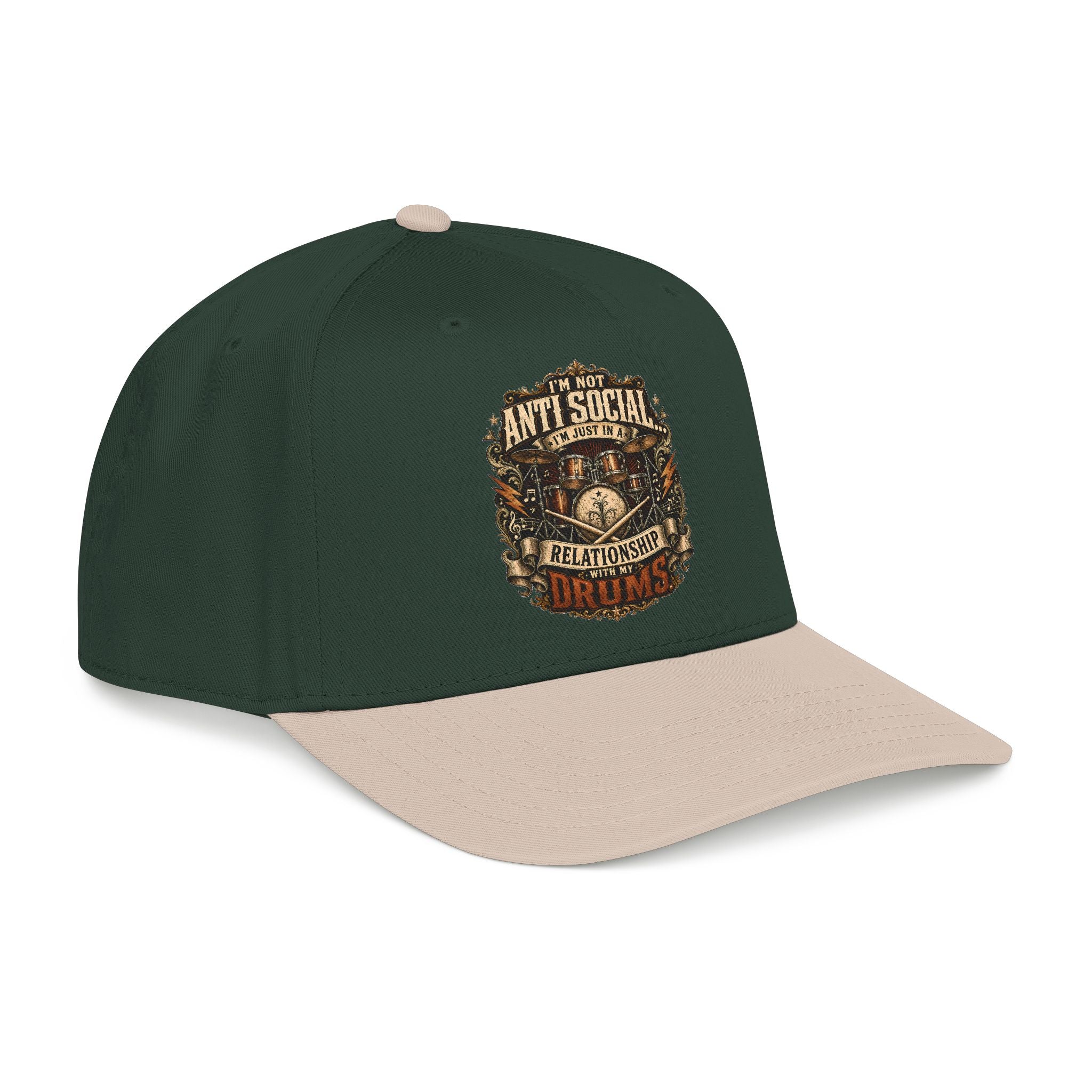 A dark green and beige baseball cap with a graphic on the front that reads 'ANTI SOCIAL DRUGS' in a distressed vintage style, shown on a plain white background.