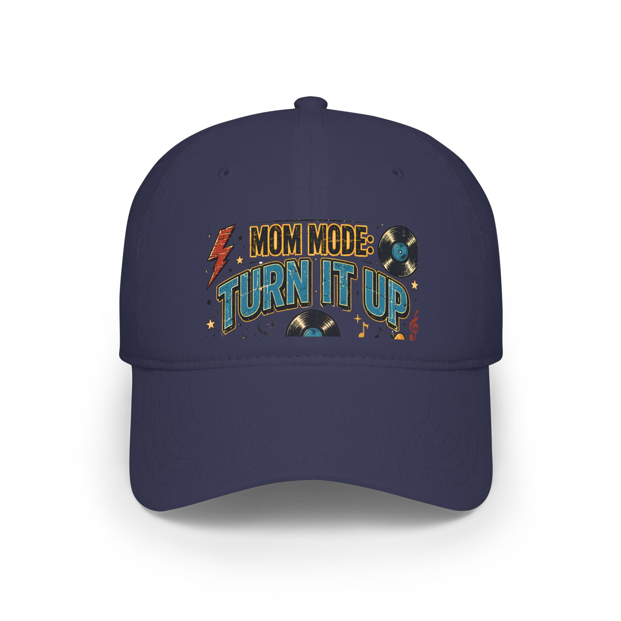 A navy blue baseball cap featuring a retro-style graphic on the front that reads 'MOM MODE: TURN IT UP' in yellow, teal, and white lettering, accompanied by vinyl records and a lightning bolt.