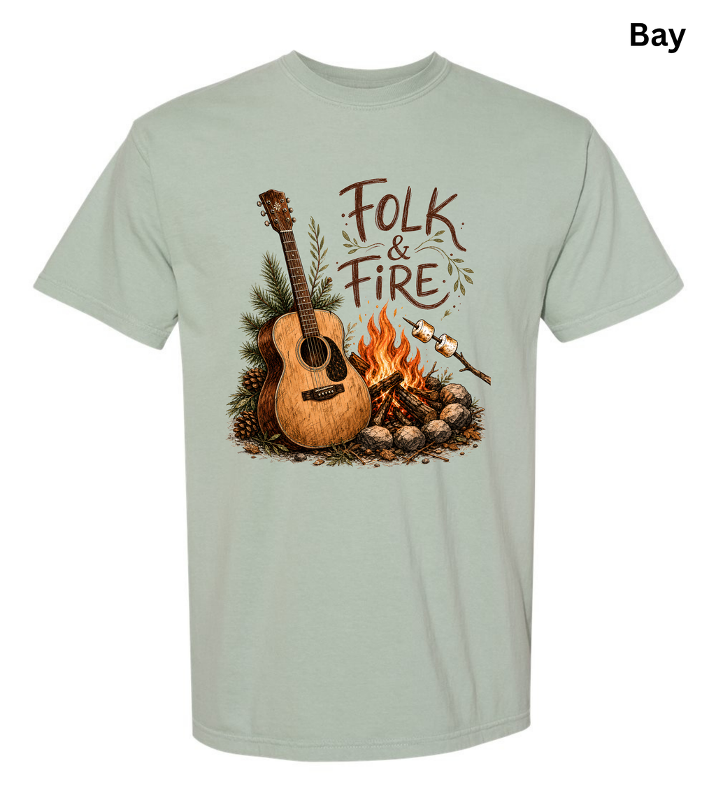 Folk & Fire Guitar T-Shirt | Campfire Acoustic Guitar Graphic Tee for Folk Music Lovers & Campers