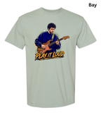 A light sage green crewneck t-shirt with a graphic print of a man playing an electric guitar and the text 'PLAY IT LOUD' in yellow and orange. The word 'Bay' is printed in black in the top right corner.