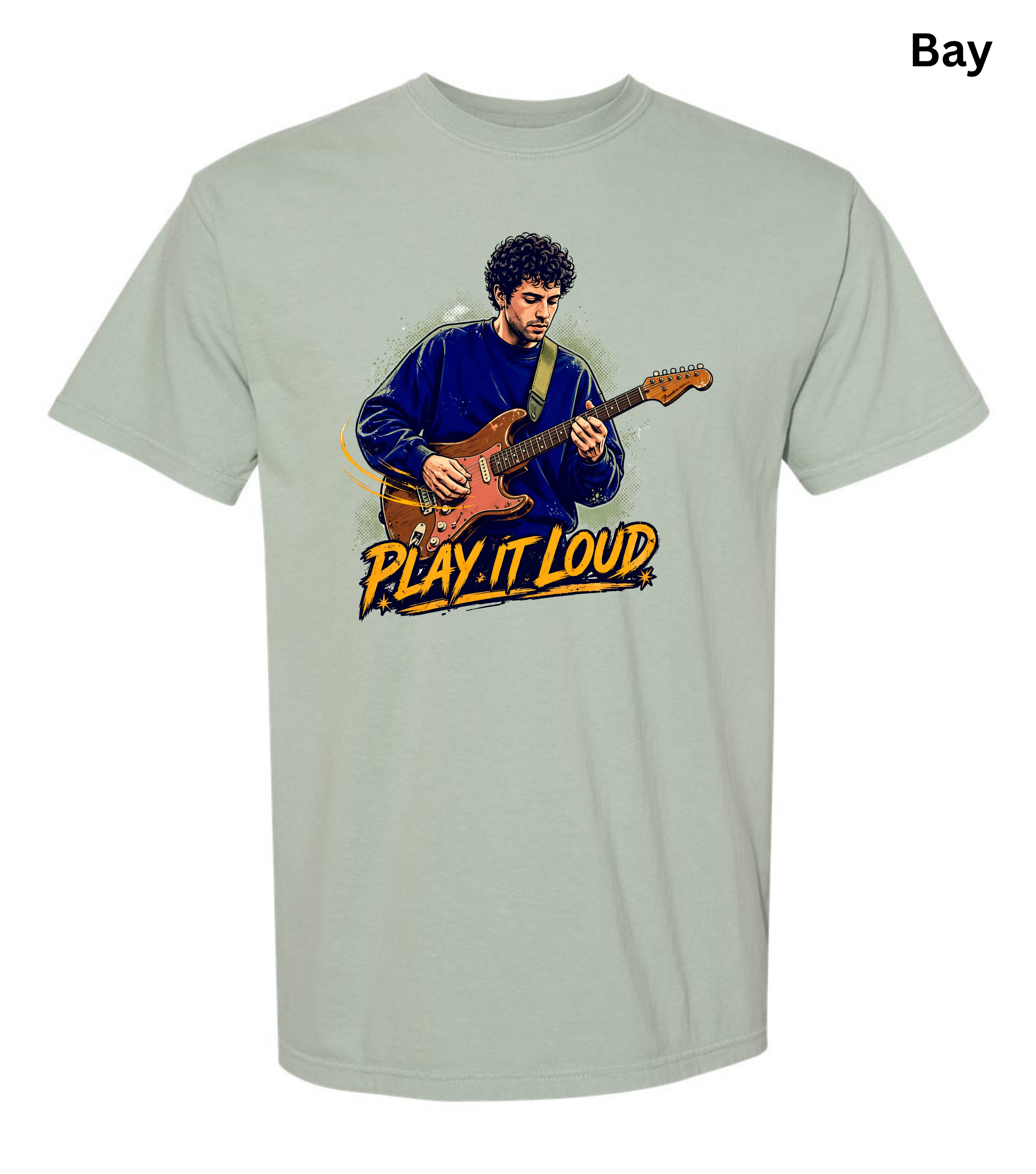 A light sage green crewneck t-shirt with a graphic print of a man playing an electric guitar and the text 'PLAY IT LOUD' in yellow and orange. The word 'Bay' is printed in black in the top right corner.