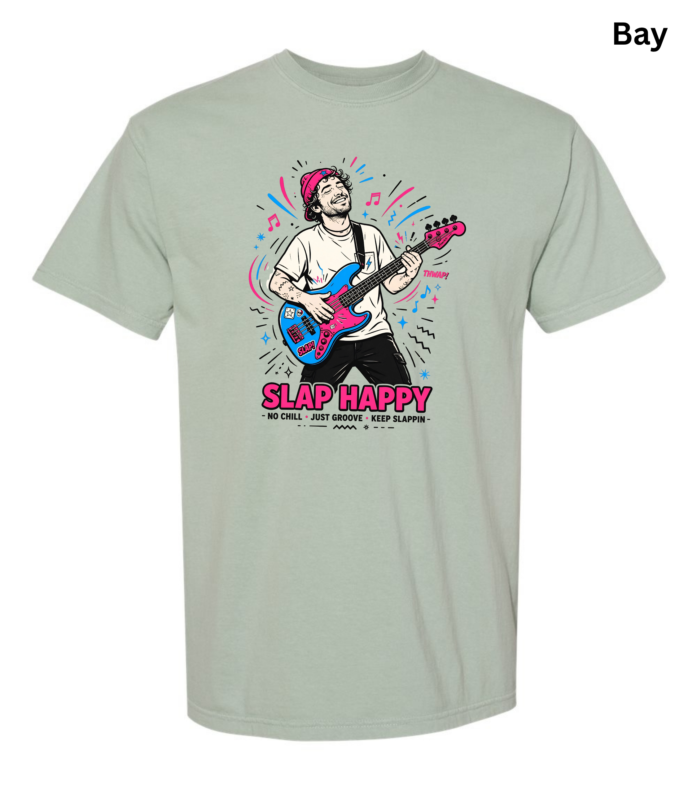 A light sage green t-shirt with a colorful graphic of a man playing an electric guitar, featuring the text 'SLAP HAPPY' and smaller text below. The word 'Bay' is printed in black in the top right corner.