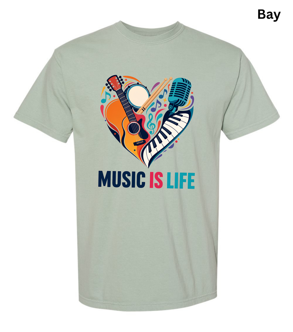 Music Is Life T-Shirt | Colorful Music Lover Graphic Tee with Guitar, Piano & Microphone