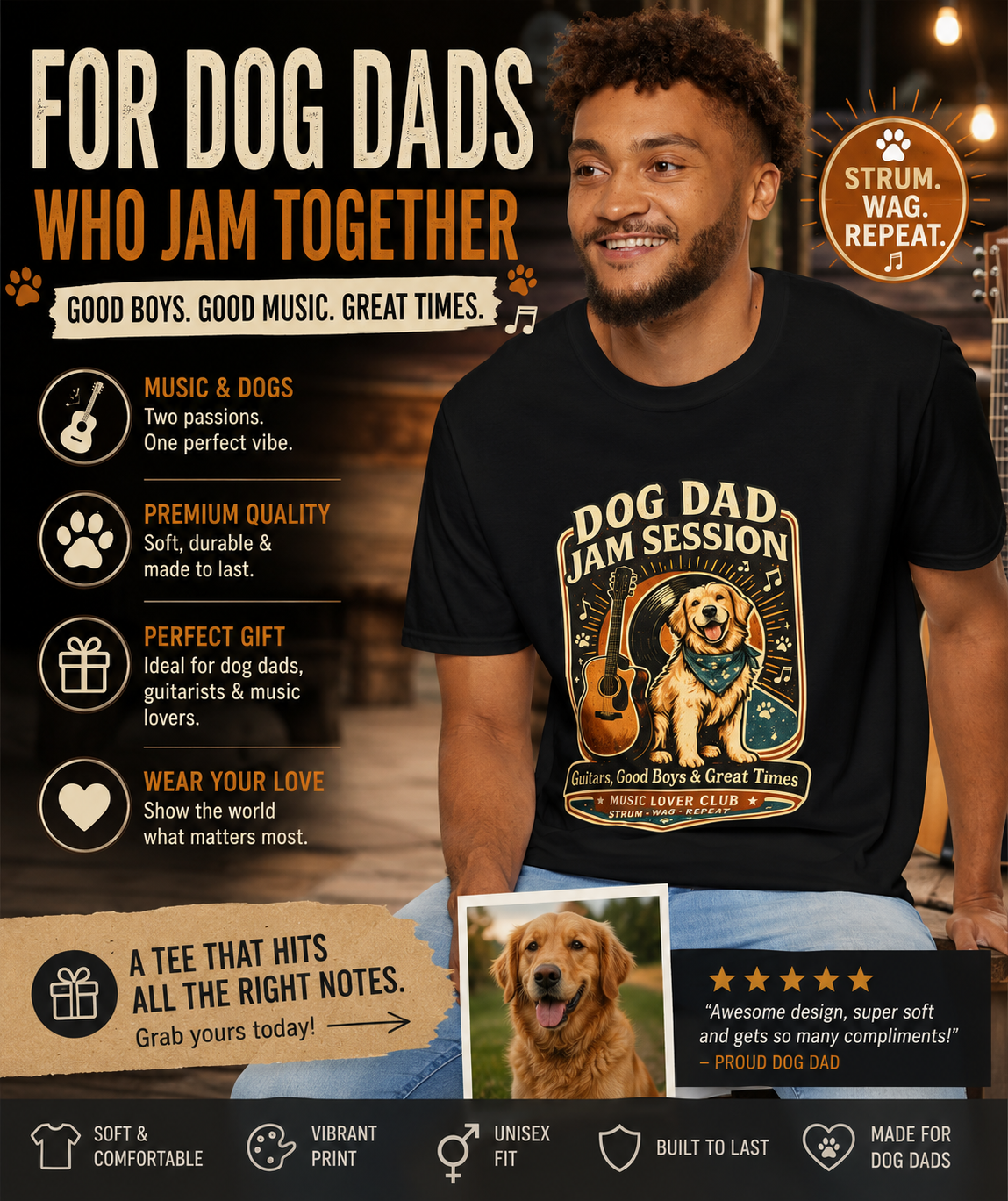 Dog Dad Jam Session Shirt, Dog Lover Gift, Guitar Player Gift, Retro Dog and Guitar Music T-Shirt