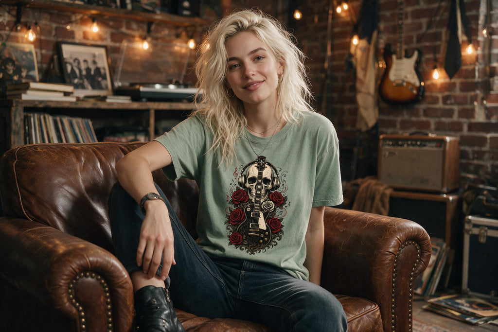 Skull & Roses Electric Guitar T-Shirt - Vintage Rock Headphone Design for Musicians
