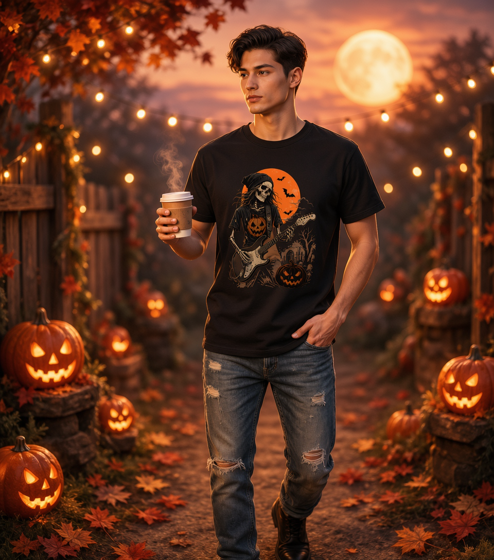 Halloween T Shirt – Skeleton Guitarist Halloween Shirt | Halloween Band Shirt | Ghost Band Halloween Shirt | Vintage Rock Music Tee