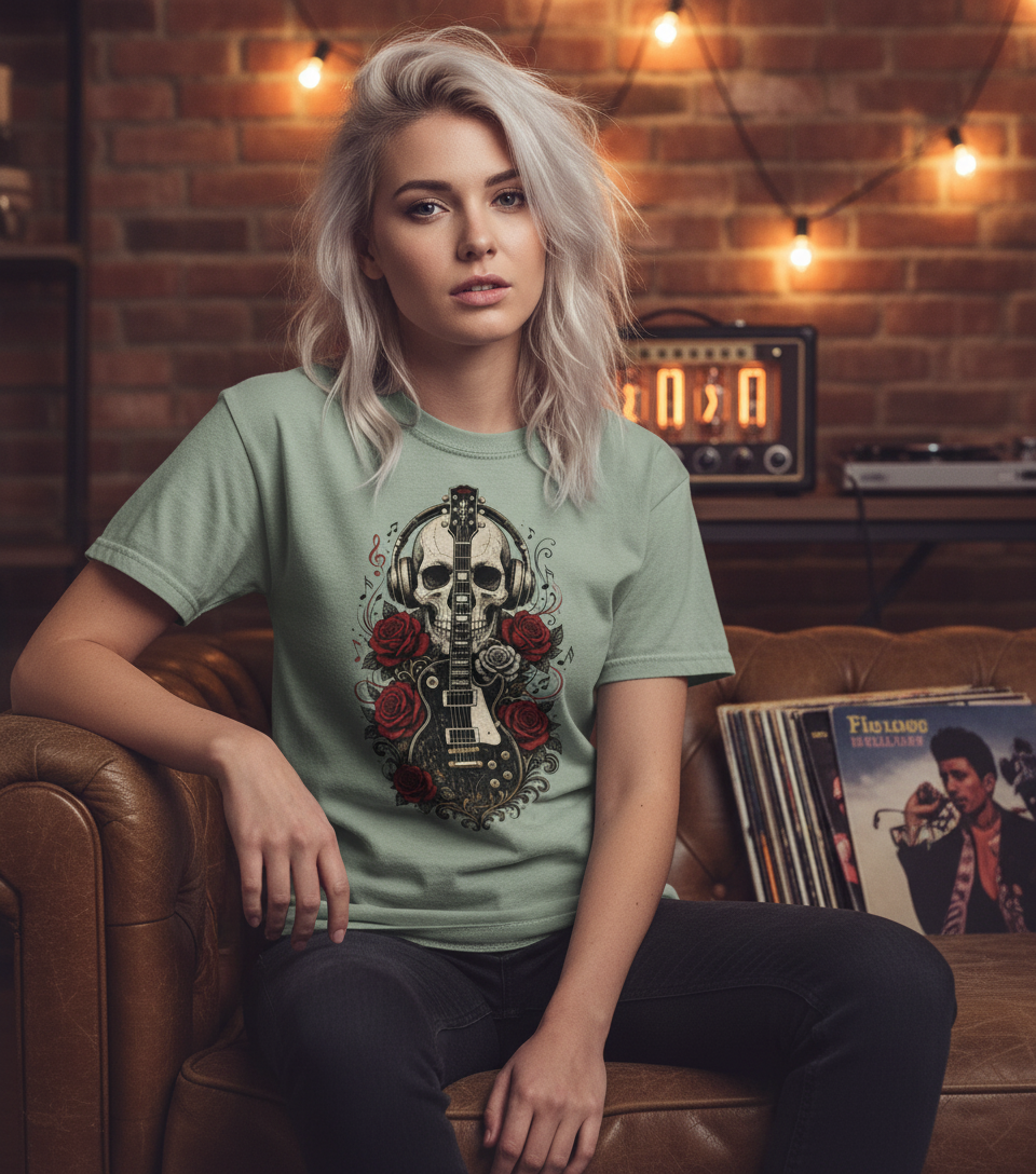 Skull & Roses Electric Guitar T-Shirt - Vintage Rock Headphone Design for Musicians