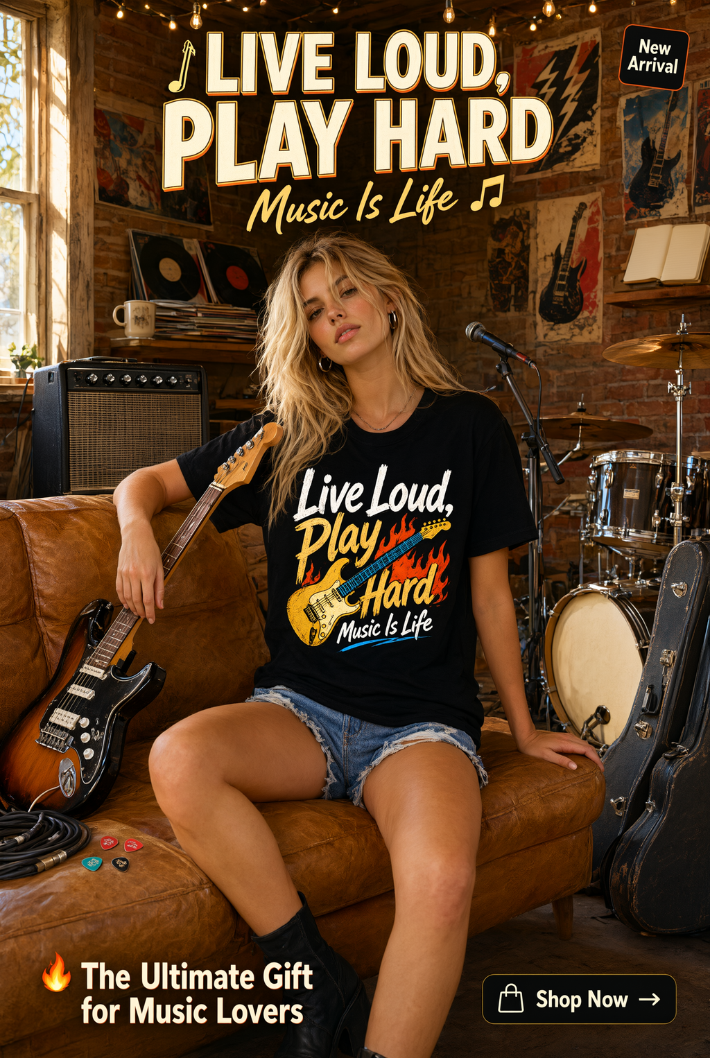 Live Loud Play Hard T-Shirt - Music Is Life Vintage Rock Design for Musicians & Band Members