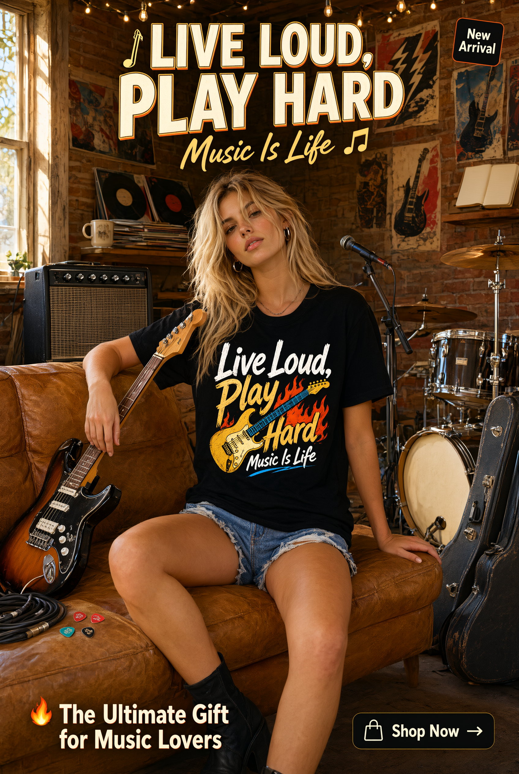 Live Loud Play Hard T-Shirt - Music Is Life Vintage Rock Design for Musicians & Band Members