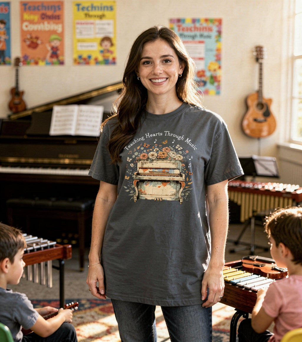 Teaching Hearts Through Music Shirt | Music Teacher Gift | Piano Teacher Tee | Gifts for Music Lovers | Musician Shirt | Teacher Appreciation Gift