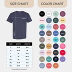 A product sizing and color reference graphic for a t-shirt. The left side shows a navy blue t-shirt with dimension lines indicating width and length, plus a size table from S to 4XL in inches.